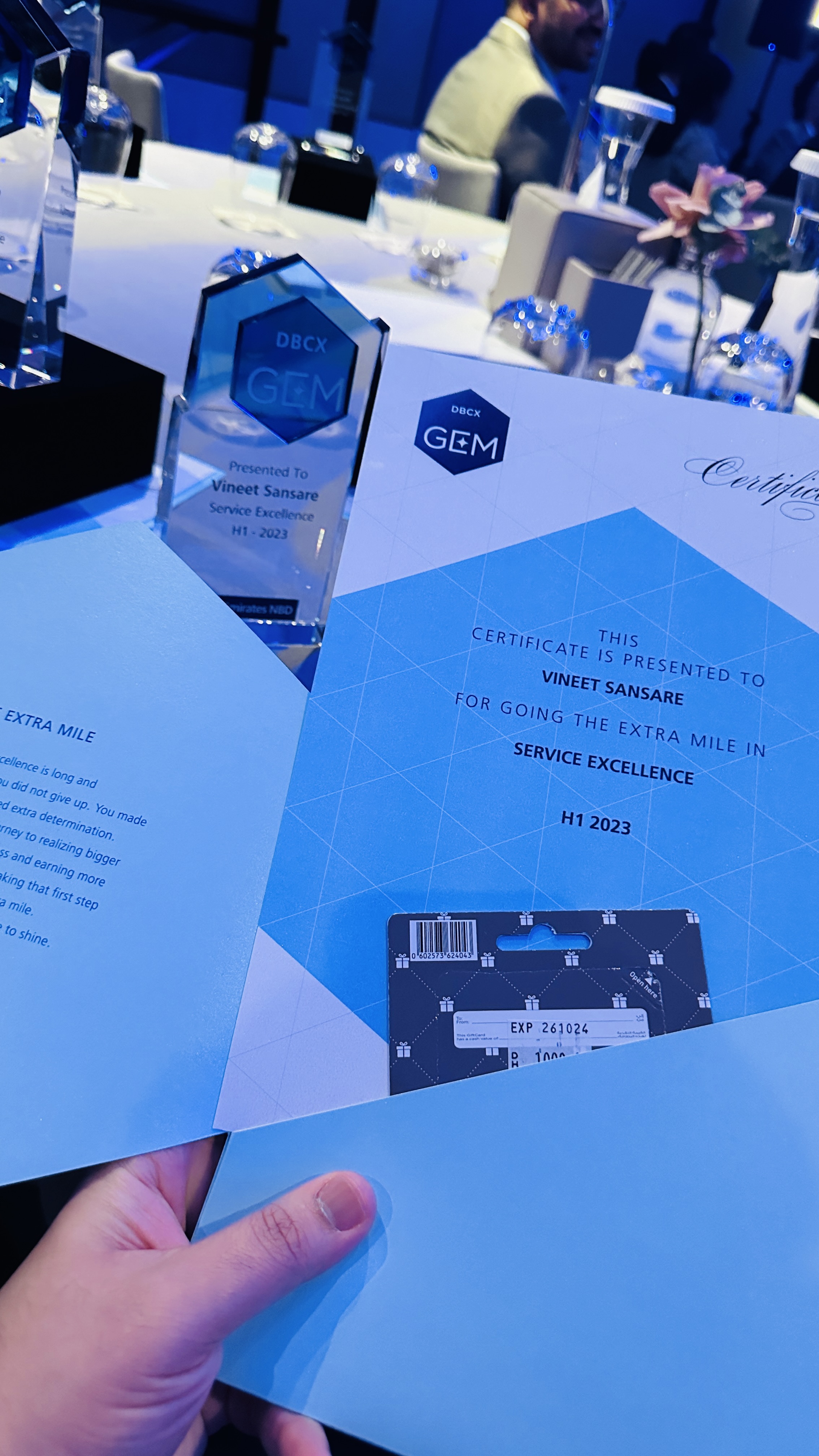 GEM Award certificate and trophy