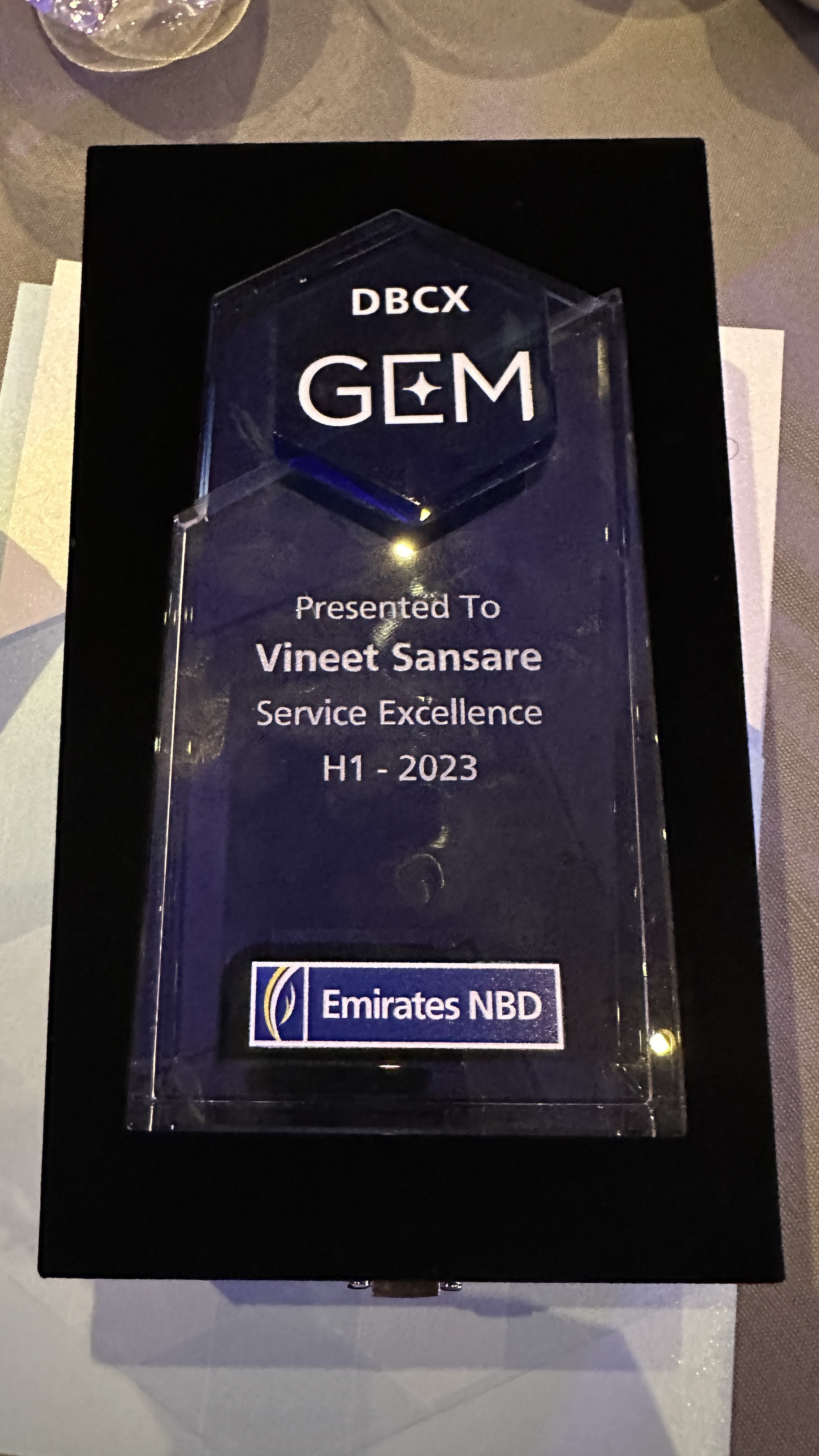 GEM Award trophy — Presented to Vineet Sansare for Service Excellence H1-2023